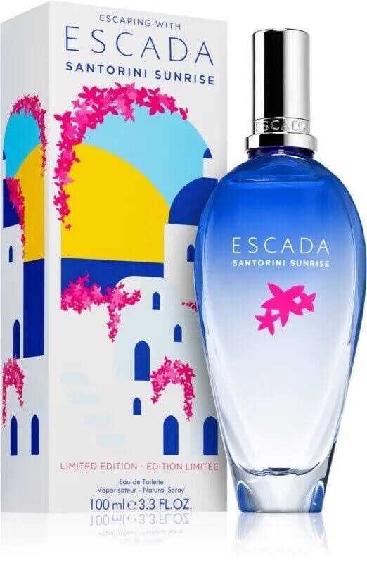 הבושם Santorini Sunrise של חברת Escada הוא ניחוח לנשים . זהו ניחוח חדש. Santorini Sunrise הושק בשנת 2022. Santorini Sunrise נוצר על ידי Mylène Alran ו-Benoist Lapouza. התווים העליונים הם סורבה, מנדרינה תפוז וברגמוט; תווי האמצע הם בוגנוויליה, יסמין ופלפל ורוד; תו הבסיס הוא תווים אדמתיים.